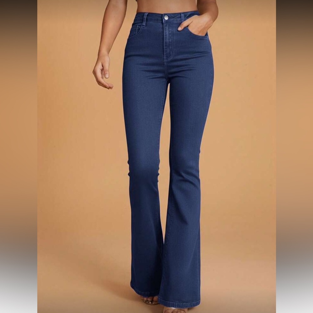 High Waisted Button Fitted Bell Bottom Light Blue